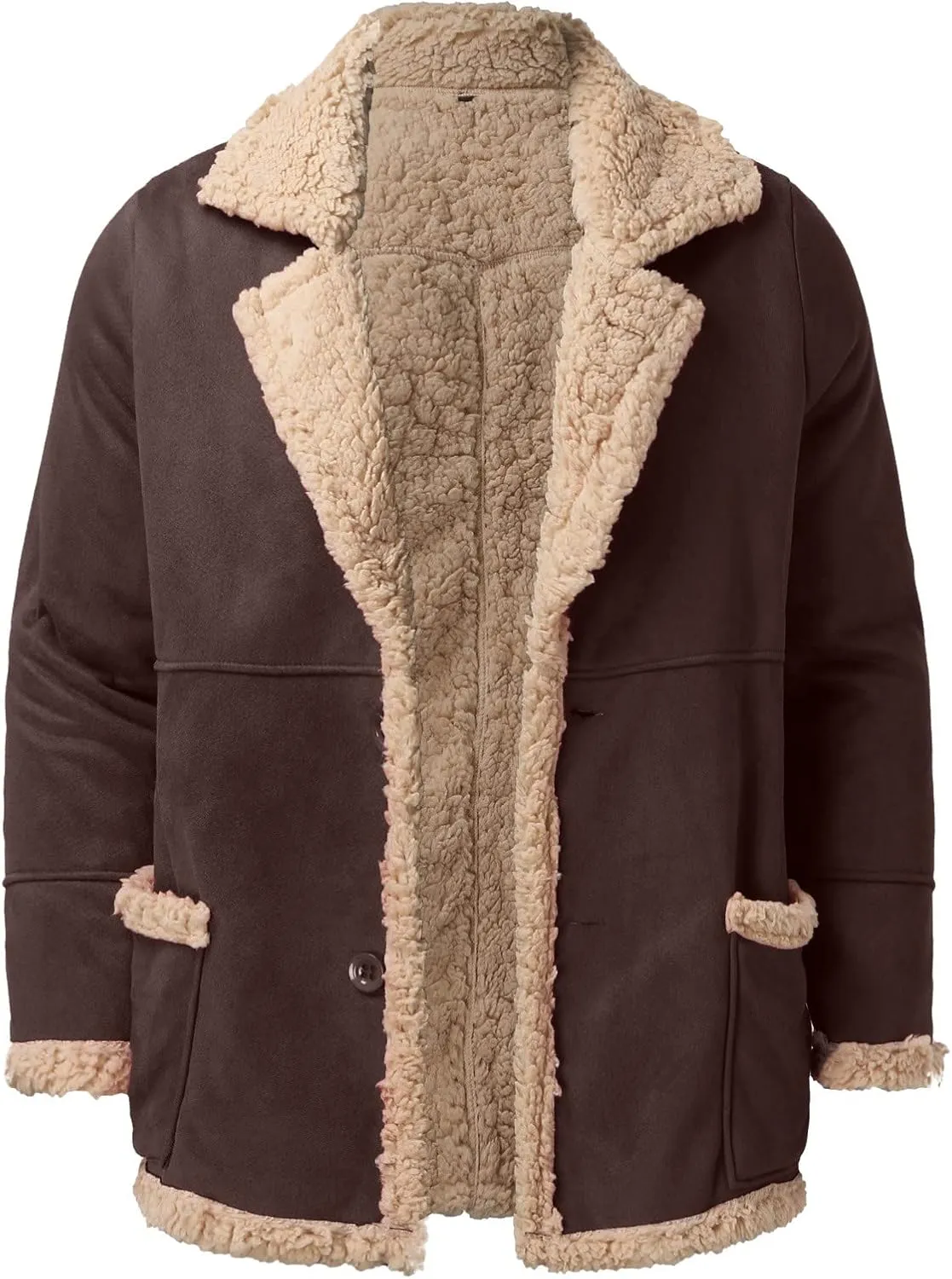 QWENTMTNTY Men Vintage Sherpa Jacket Faux Leather Suede Winter Bomber Jackets Big Tall Heavyweight Fur Shearling Overcoat