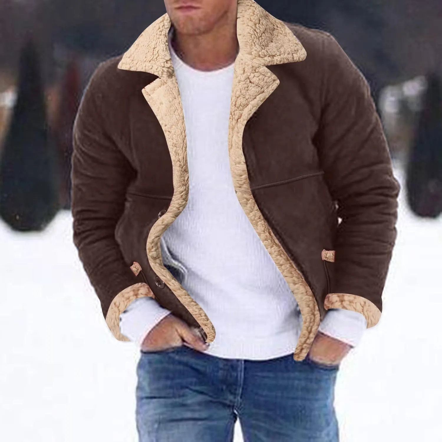 QWENTMTNTY Men Vintage Sherpa Jacket Faux Leather Suede Winter Bomber Jackets Big Tall Heavyweight Fur Shearling Overcoat