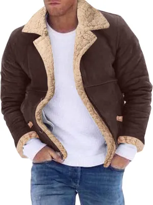 QWENTMTNTY Men Vintage Sherpa Jacket Faux Leather Suede Winter Bomber Jackets Big Tall Heavyweight Fur Shearling Overcoat