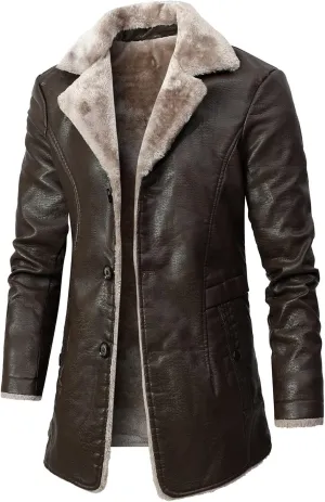 QWENTMTNTY Mens Faux Fur Lined Leather Jackets Winter Shearling Sherpa Jacket Notched Lapel Casual Warm Trench Coat Overcoat