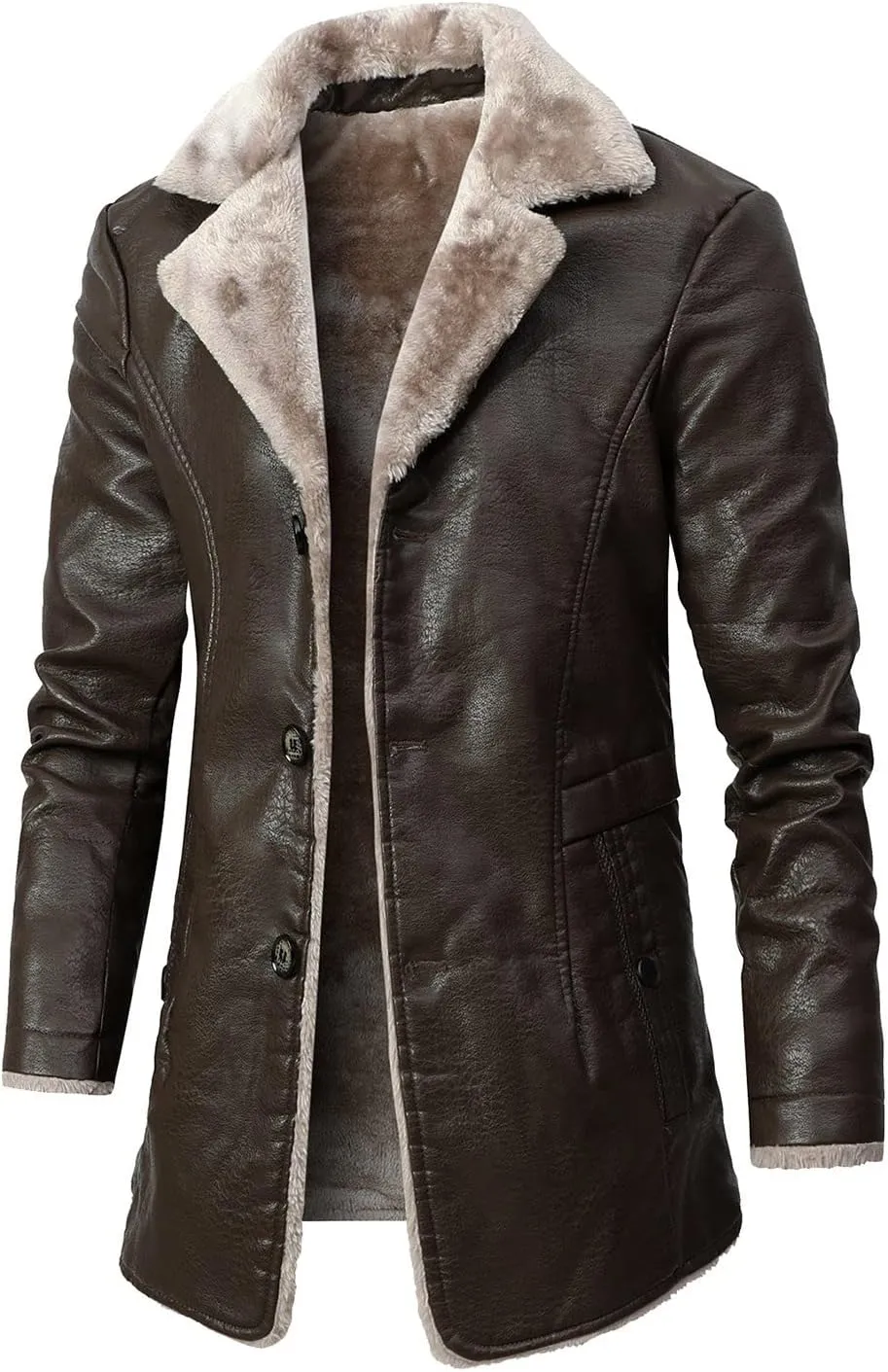 QWENTMTNTY Mens Faux Fur Lined Leather Jackets Winter Shearling Sherpa Jacket Notched Lapel Casual Warm Trench Coat Overcoat