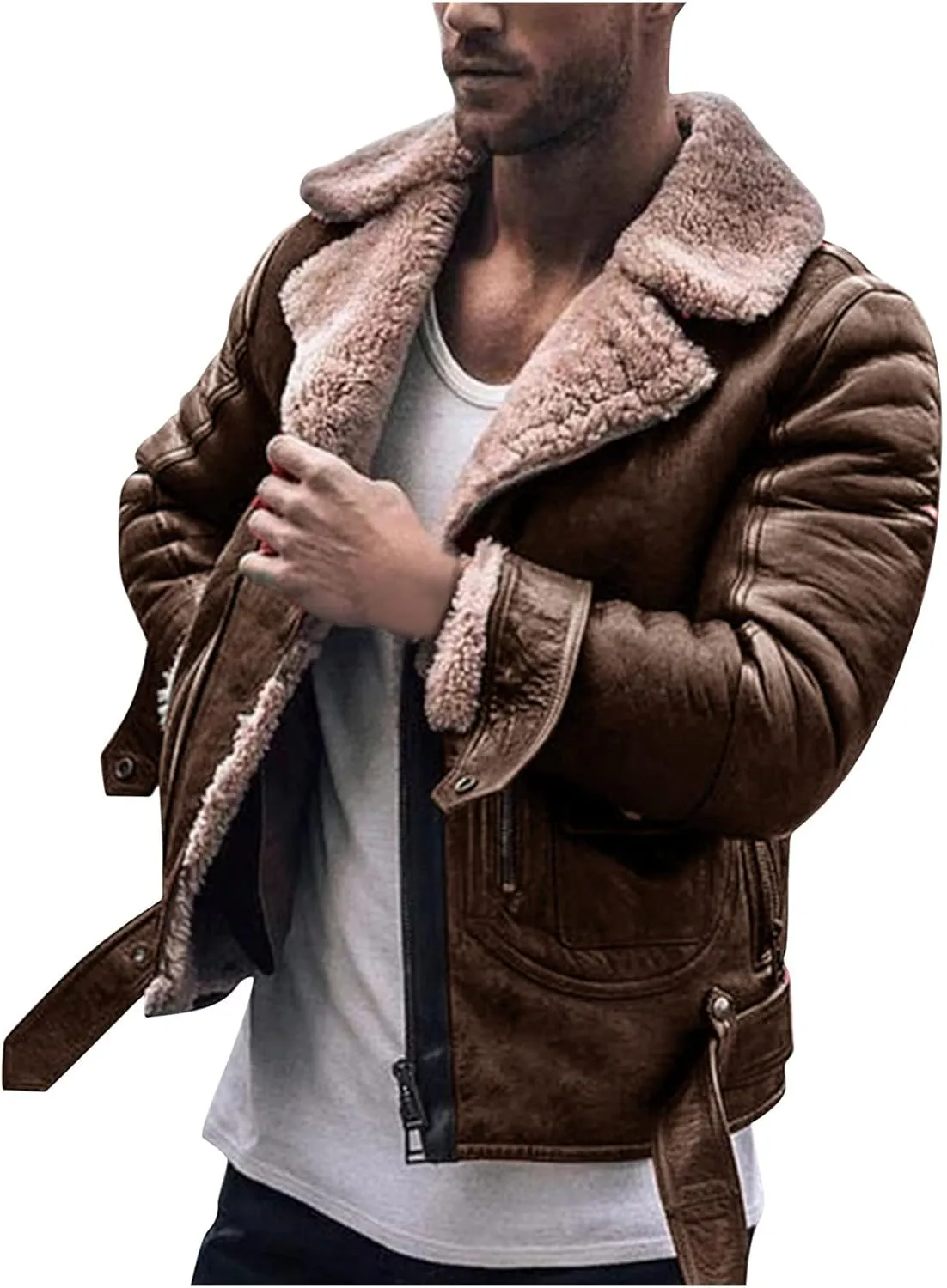 QWENTMTNTY Mens Faux Leather Bomber Jacket Winter Sherpa Fleece Motorcycle Jackets Zipper Warm Lined Shearling Coat Outwear