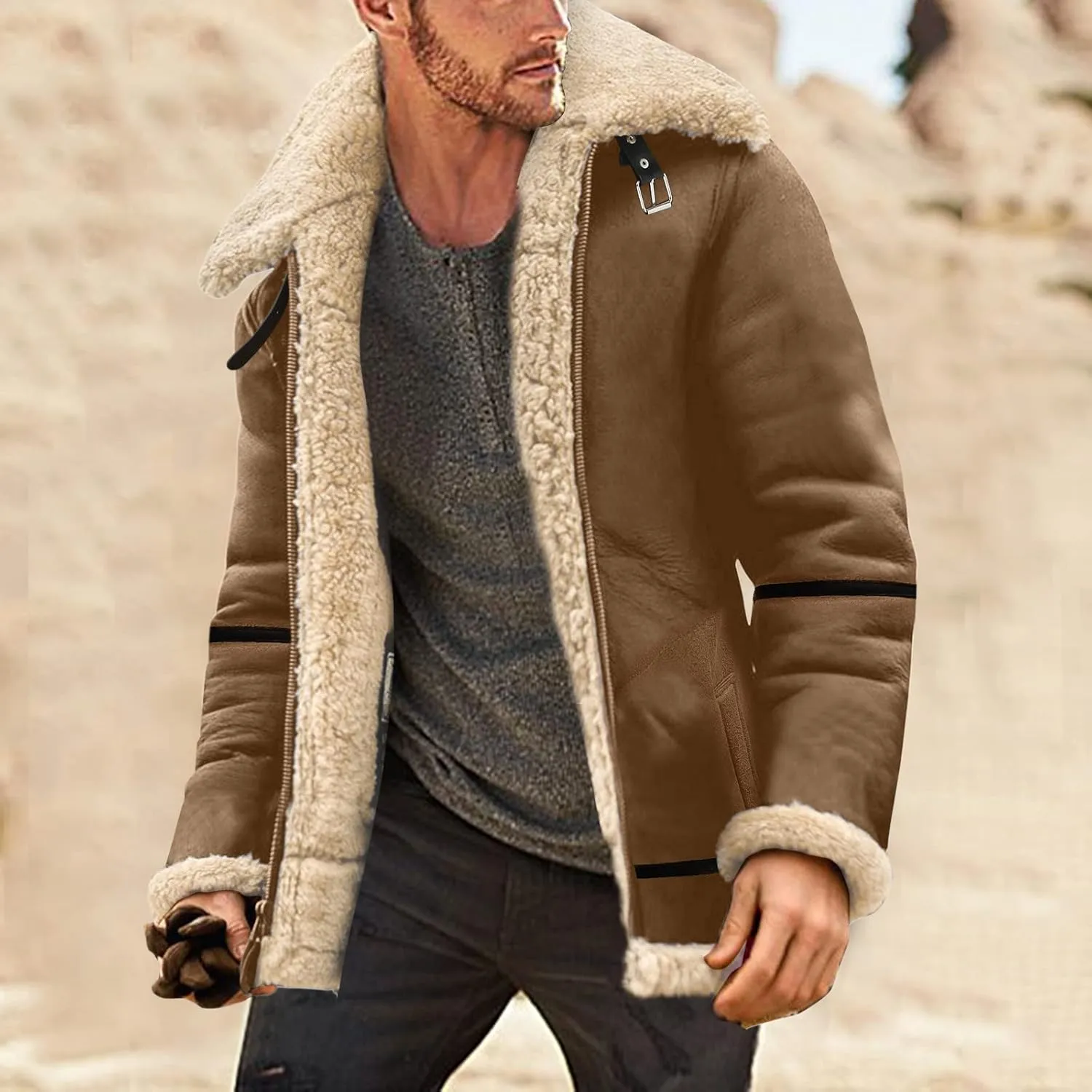 QWENTMTNTY Mens Faux Leather Sherpa Coats Fleece Lined Padded Winter Suede Jacket Vintage Moto Heavyweight Shearing Coat