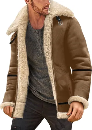 QWENTMTNTY Mens Faux Leather Sherpa Coats Fleece Lined Padded Winter Suede Jacket Vintage Moto Heavyweight Shearing Coat
