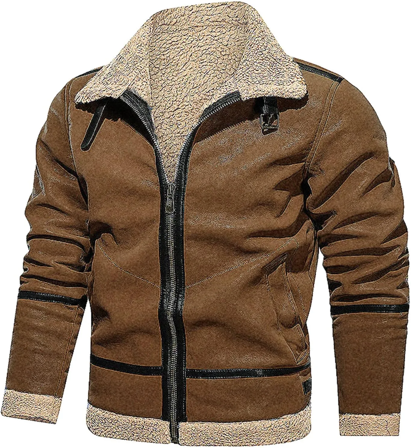QWENTMTNTY Mens Faux Leather Sherpa Coats Fleece Lined Padded Winter Suede Jacket Vintage Moto Heavyweight Shearing Coat