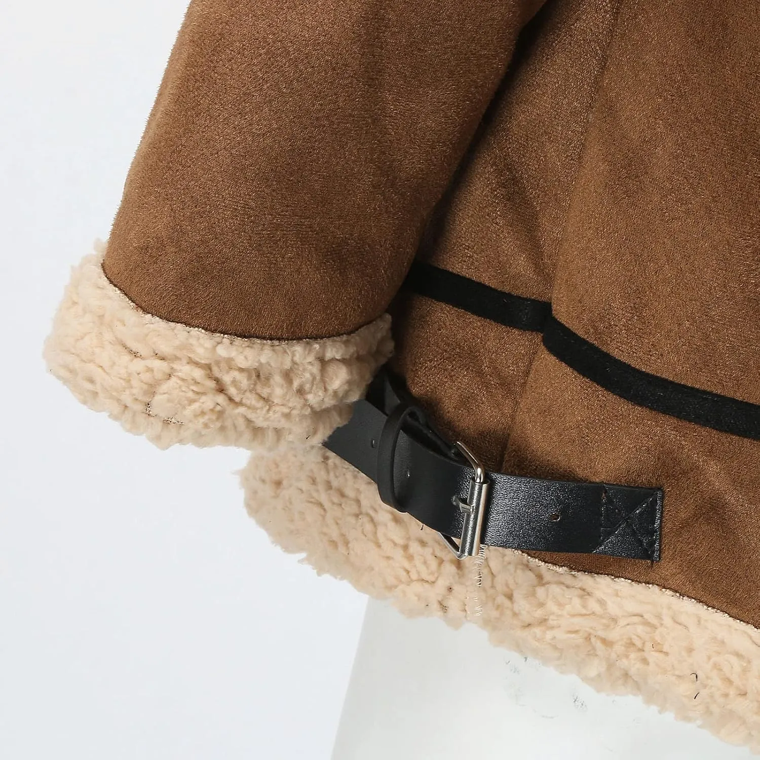 QWENTMTNTY Mens Faux Leather Sherpa Coats Fleece Lined Padded Winter Suede Jacket Vintage Moto Heavyweight Shearing Coat