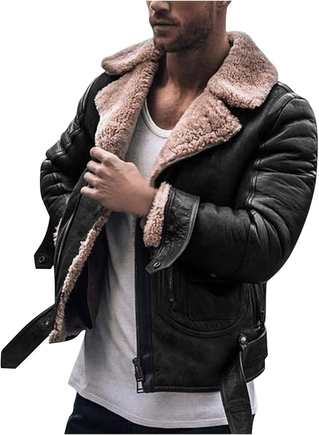 QWENTMTNTY Mens Fur Jacket Men's Bomber Jacket Cool Jackets for Men Winter Jackets Black and White Jacket