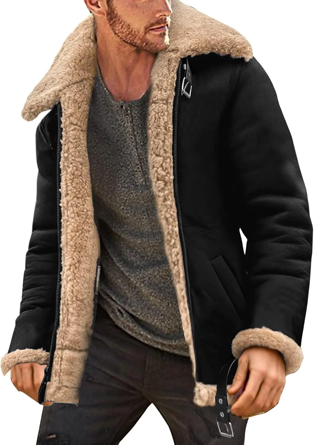 QWENTMTNTY Men's Sherpa Lined Faux Leather Jacket Vintage Heavyweight Shearing Winter Coats Plus Size Thicken Bomber Jacket
