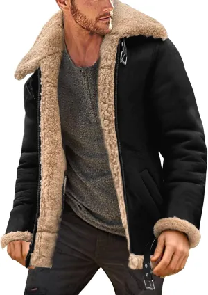 QWENTMTNTY Men's Sherpa Lined Faux Leather Jacket Vintage Heavyweight Shearing Winter Coats Plus Size Thicken Bomber Jacket