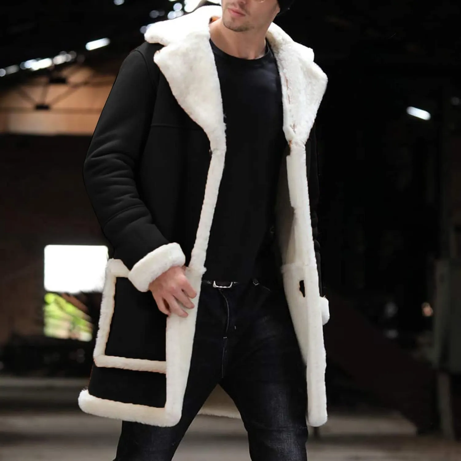 QWENTMTNTY Men's Suede Leather Coats Mid-Length Heavyweight Faux Shearling Coat Stylish Big Tall Sherpa Jacket Windbreaker