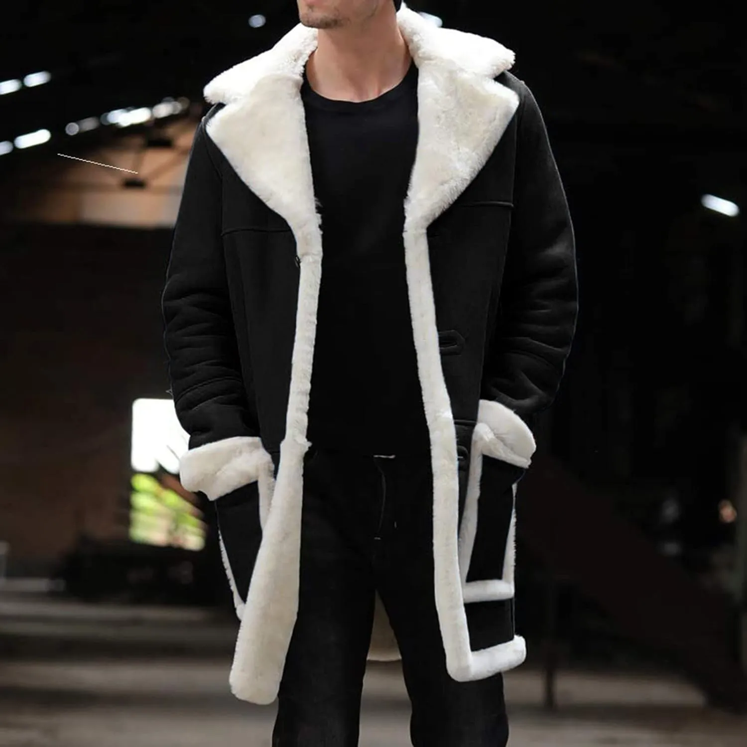 QWENTMTNTY Men's Suede Leather Coats Mid-Length Heavyweight Faux Shearling Coat Stylish Big Tall Sherpa Jacket Windbreaker