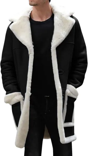 QWENTMTNTY Men's Suede Leather Coats Mid-Length Heavyweight Faux Shearling Coat Stylish Big Tall Sherpa Jacket Windbreaker