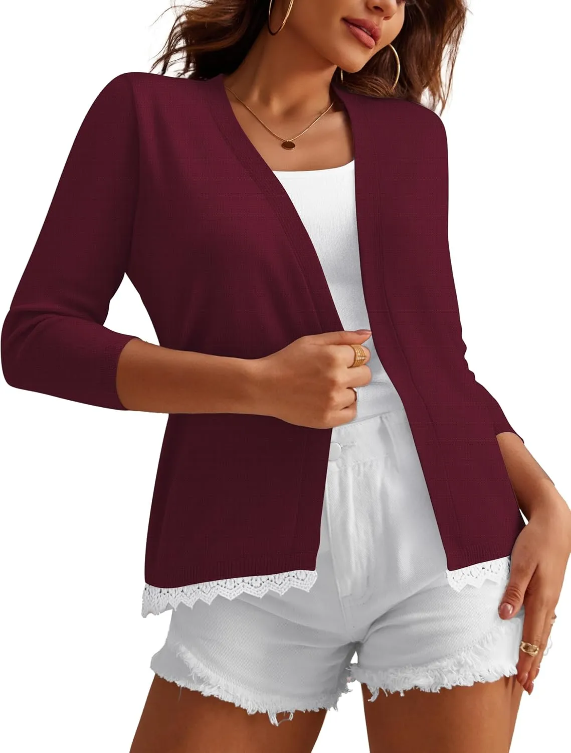 REDHOTYPE Women's Shrugs Lightweight 3/4 Sleeve Open Front Cropped Cardigan Sweaters for Women