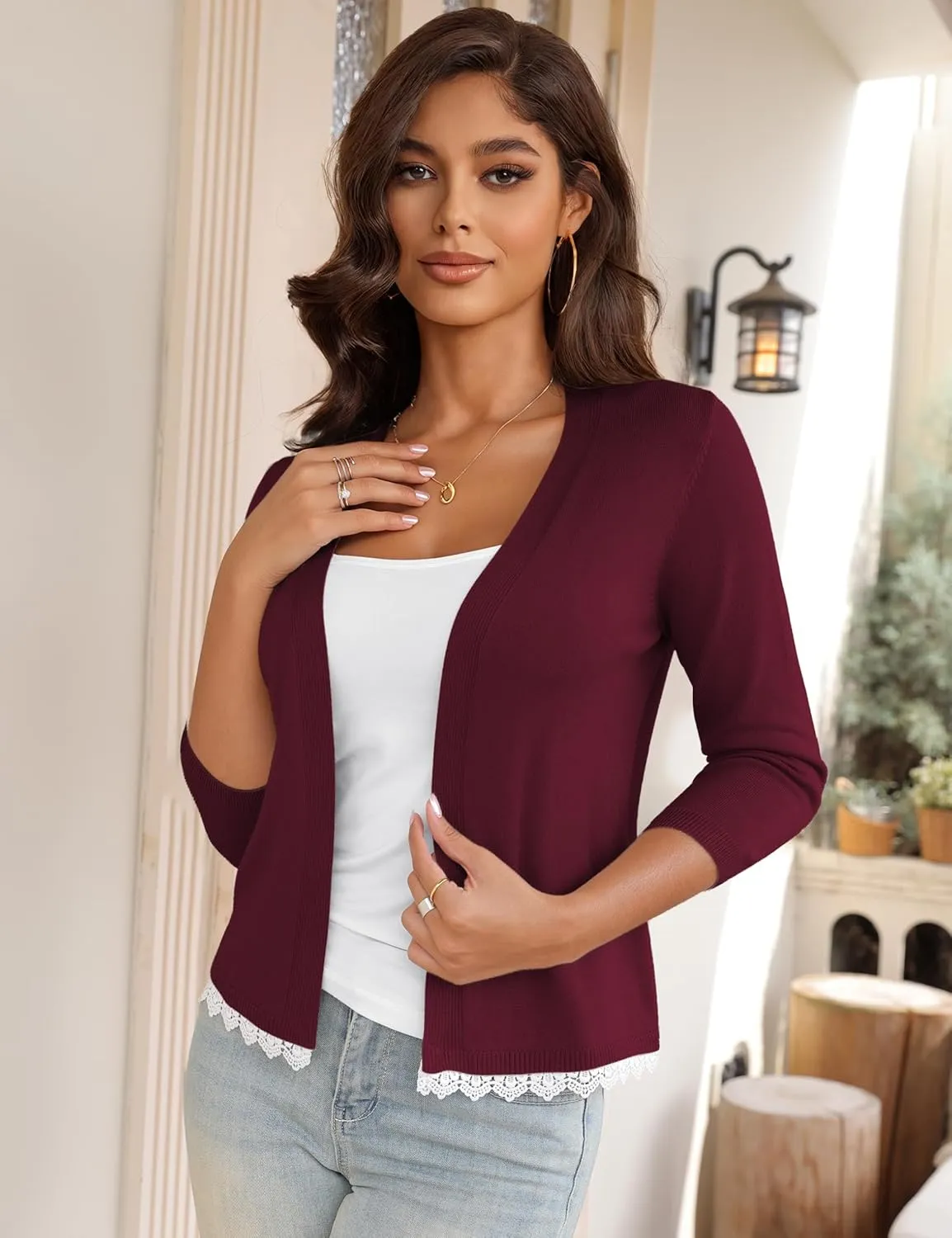 REDHOTYPE Women's Shrugs Lightweight 3/4 Sleeve Open Front Cropped Cardigan Sweaters for Women