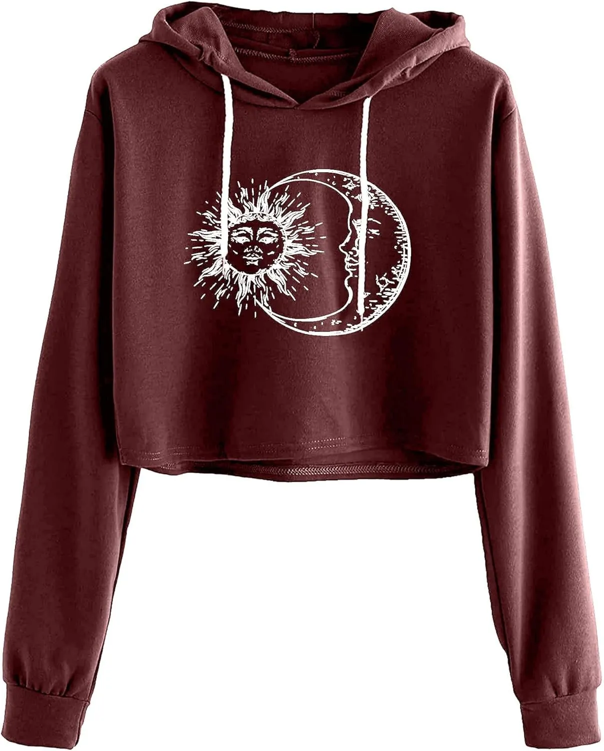 Remidoo Women's Casual Sun and Moon Print Hoodie Long Sleeve Crop Top Sweatshirt