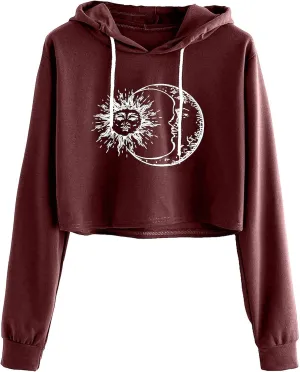 Remidoo Women's Casual Sun and Moon Print Hoodie Long Sleeve Crop Top Sweatshirt