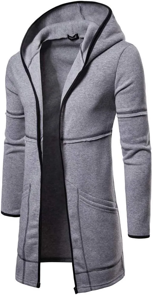 RTRDE Mens Coat Long Hooded Cardigan Shawl Collar Lightweight Open Front Overcoat with Pockets Hoodie Jacket, M-2XL