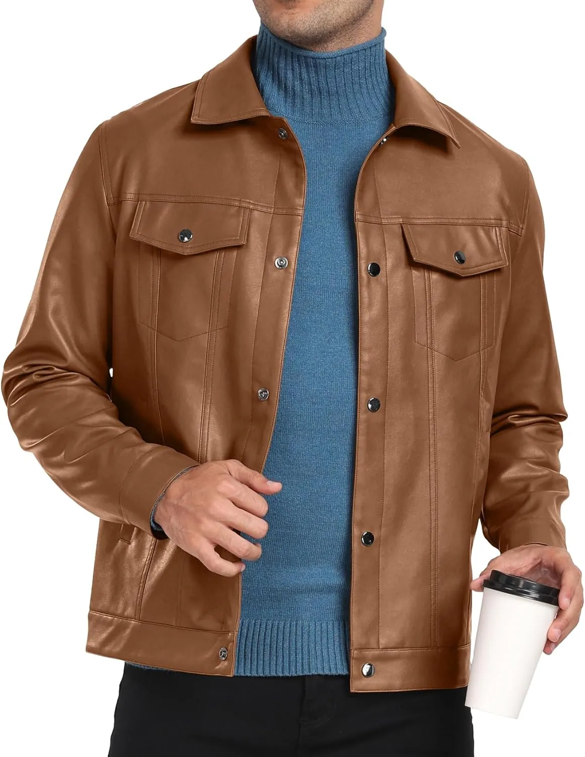 Sailwind Men's Leather Jacket Lapel Collar Motorcycle Coat Snap Button Faux Leather Bomber Jackets