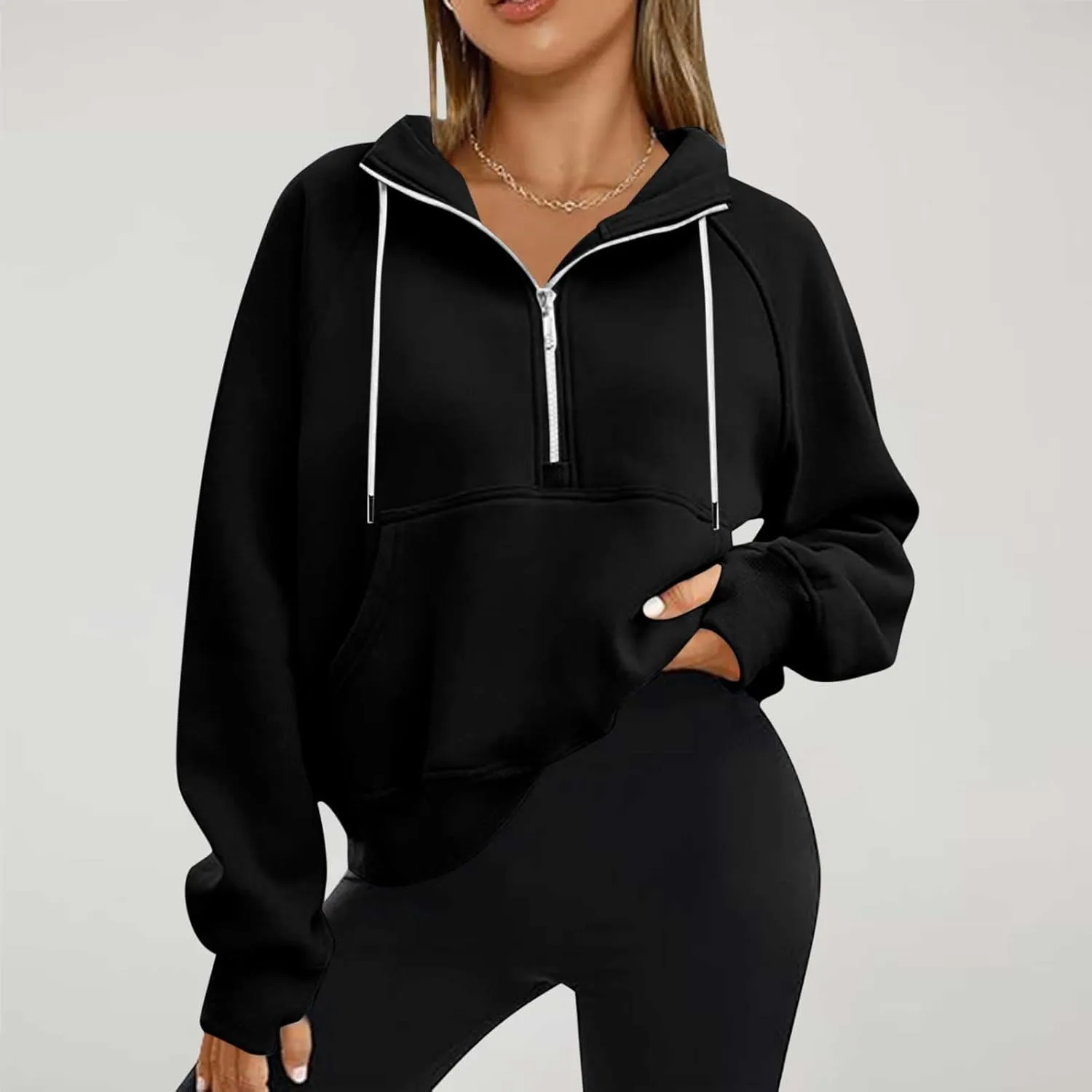 SEAOPEN Half Zip Sweatshirts Women Cropped Hoodies Long Sleeve Drawstring Pullover Top Fall Fleece Jackets with Pocket