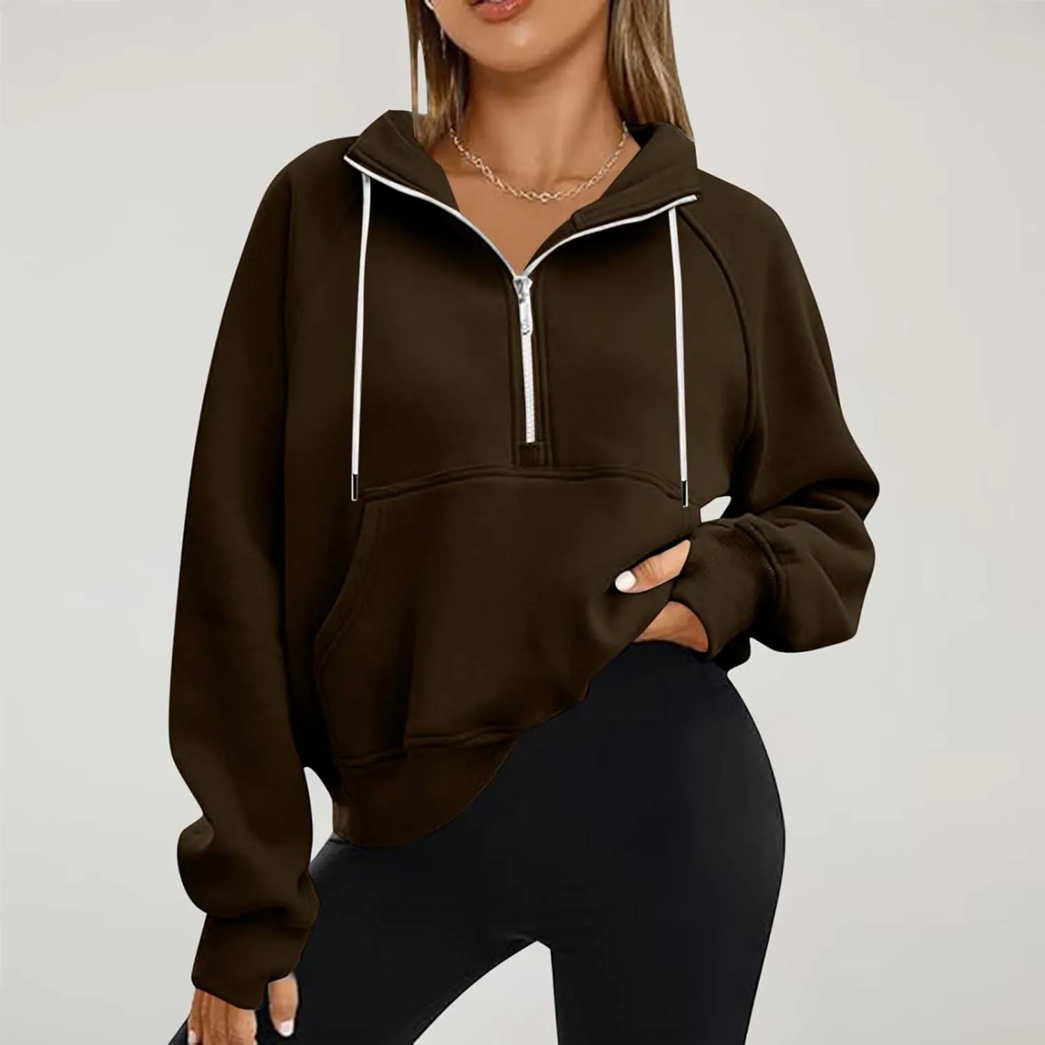 SEAOPEN Half Zip Sweatshirts Women Cropped Hoodies Long Sleeve Drawstring Pullover Top Fall Fleece Jackets with Pocket