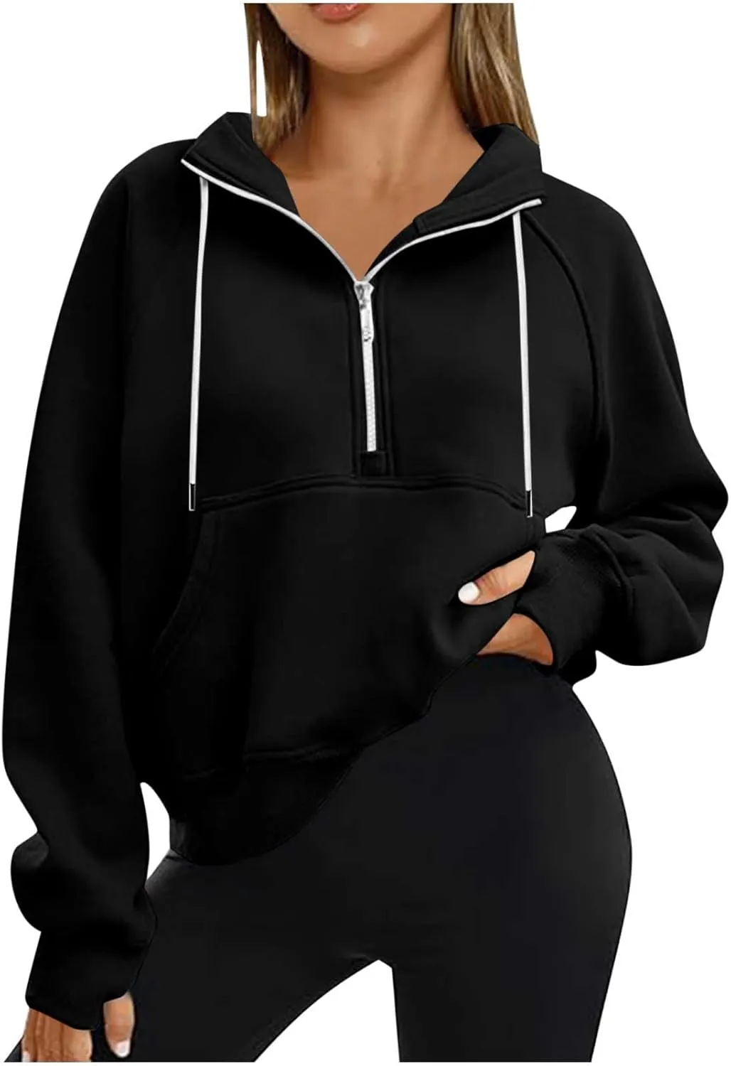 SEAOPEN Half Zip Sweatshirts Women Cropped Hoodies Long Sleeve Drawstring Pullover Top Fall Fleece Jackets with Pocket