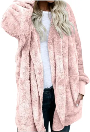 Sherpa Jacket for Women Oversized Fleece Open Front Cardigan with Hooded Fluffy Winter Coats with Pockets