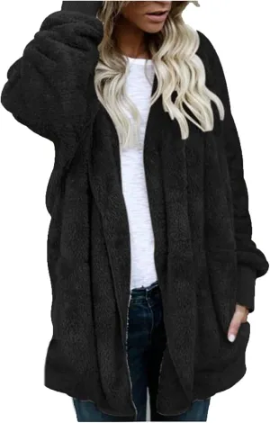 Sherpa Jacket for Women Oversized Fleece Open Front Cardigan with Hooded Fluffy Winter Coats with Pockets