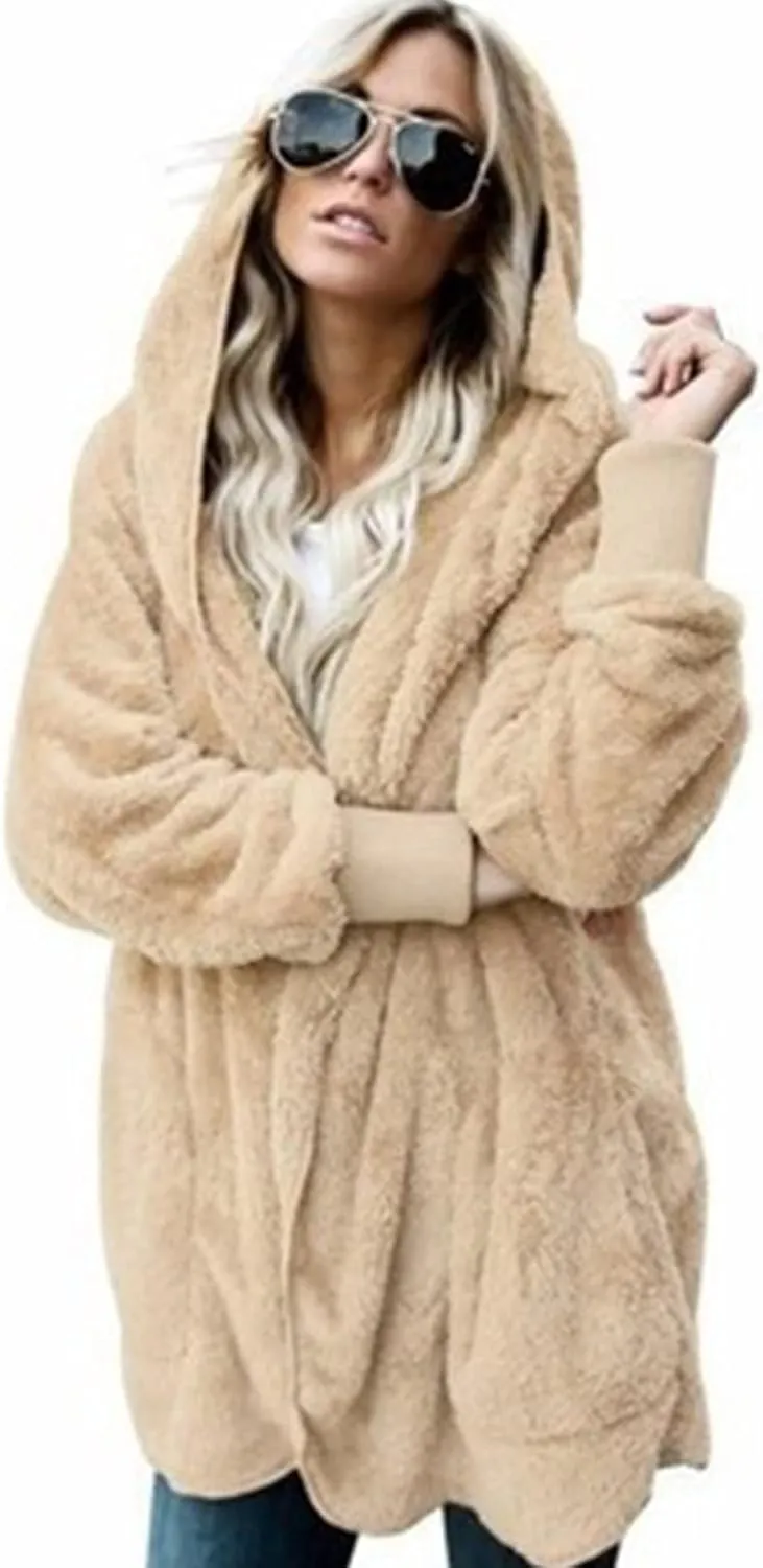 Sherpa Jacket for Women Oversized Fleece Open Front Cardigan with Hooded Fluffy Winter Coats with Pockets