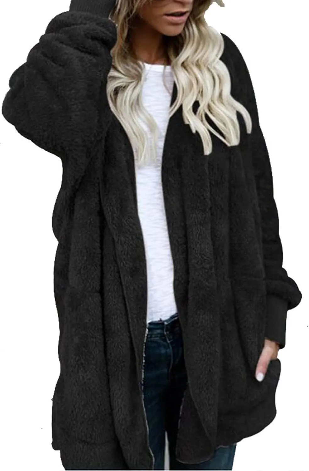 Sherpa Jacket for Women Oversized Fleece Open Front Cardigan with Hooded Fluffy Winter Coats with Pockets