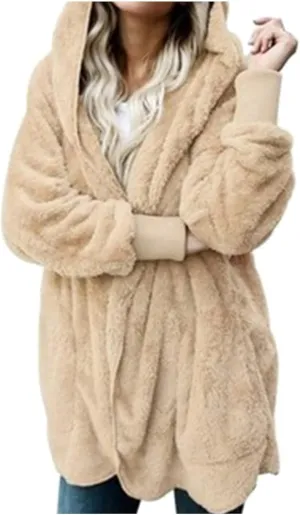 Sherpa Jacket for Women Oversized Fleece Open Front Cardigan with Hooded Fluffy Winter Coats with Pockets