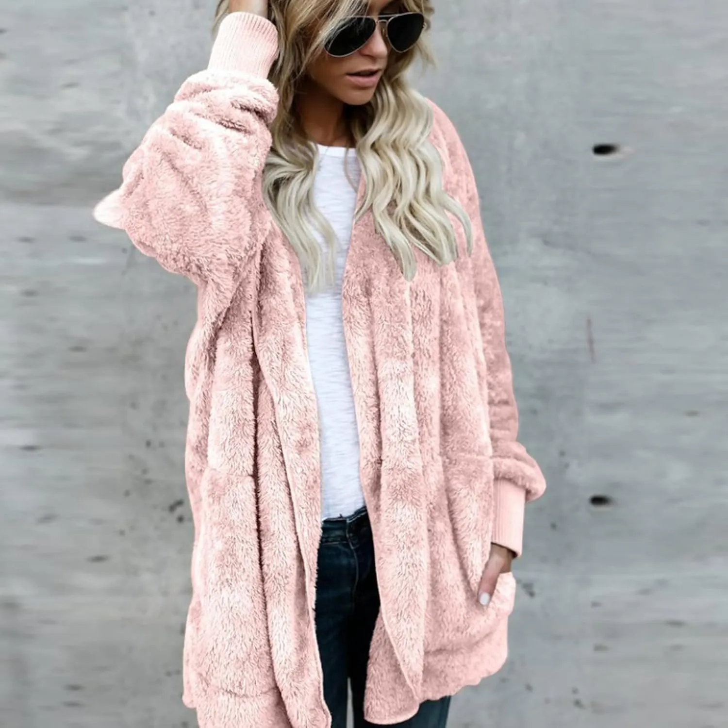 Sherpa Jacket for Women Oversized Fleece Open Front Cardigan with Hooded Fluffy Winter Coats with Pockets