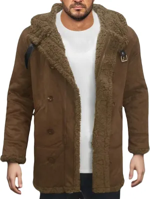 Sherpa Lined Jacket Men Faux Leather Shearling Jacket Cold Resistance Trench Coats Winter Sheepskin Fleece Coat