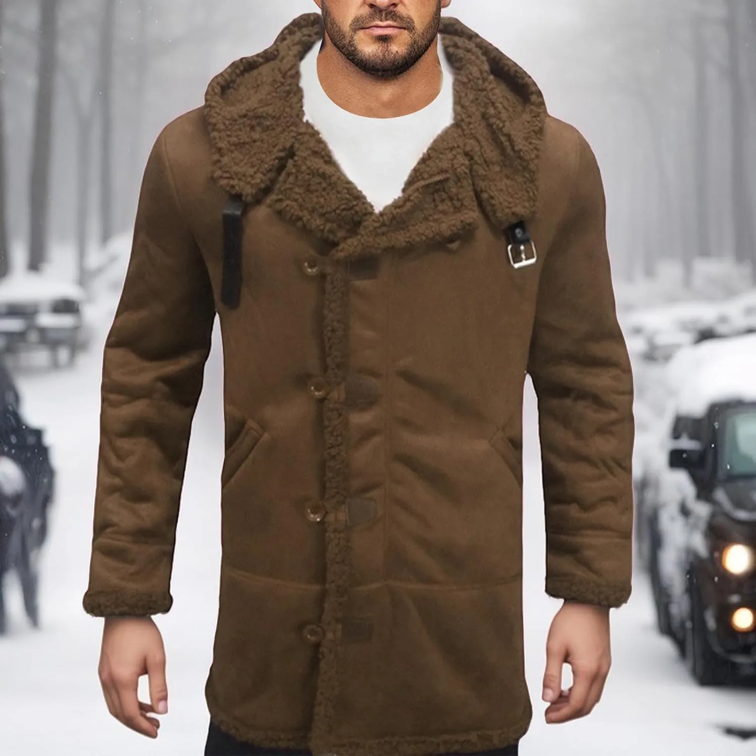 Sherpa Lined Jacket Men Faux Leather Shearling Jacket Cold Resistance Trench Coats Winter Sheepskin Fleece Coat
