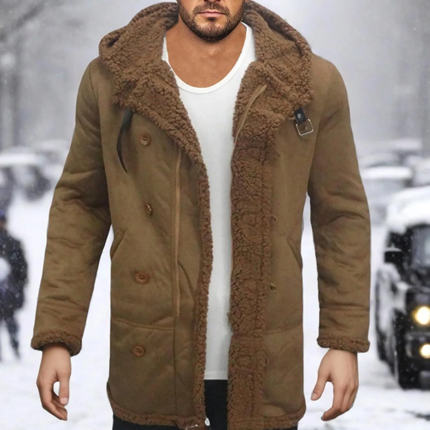 Sherpa Lined Jacket Men Faux Leather Shearling Jacket Cold Resistance Trench Coats Winter Sheepskin Fleece Coat