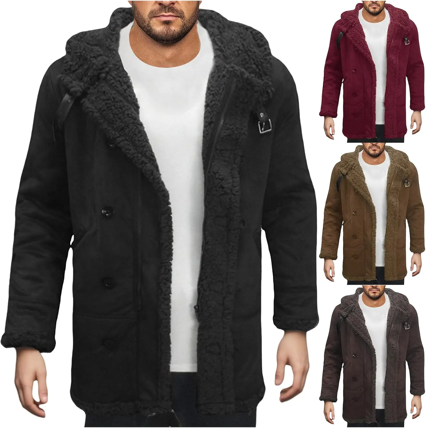 Sherpa Lined Jacket Men Faux Leather Shearling Jacket Cold Resistance Trench Coats Winter Sheepskin Fleece Coat