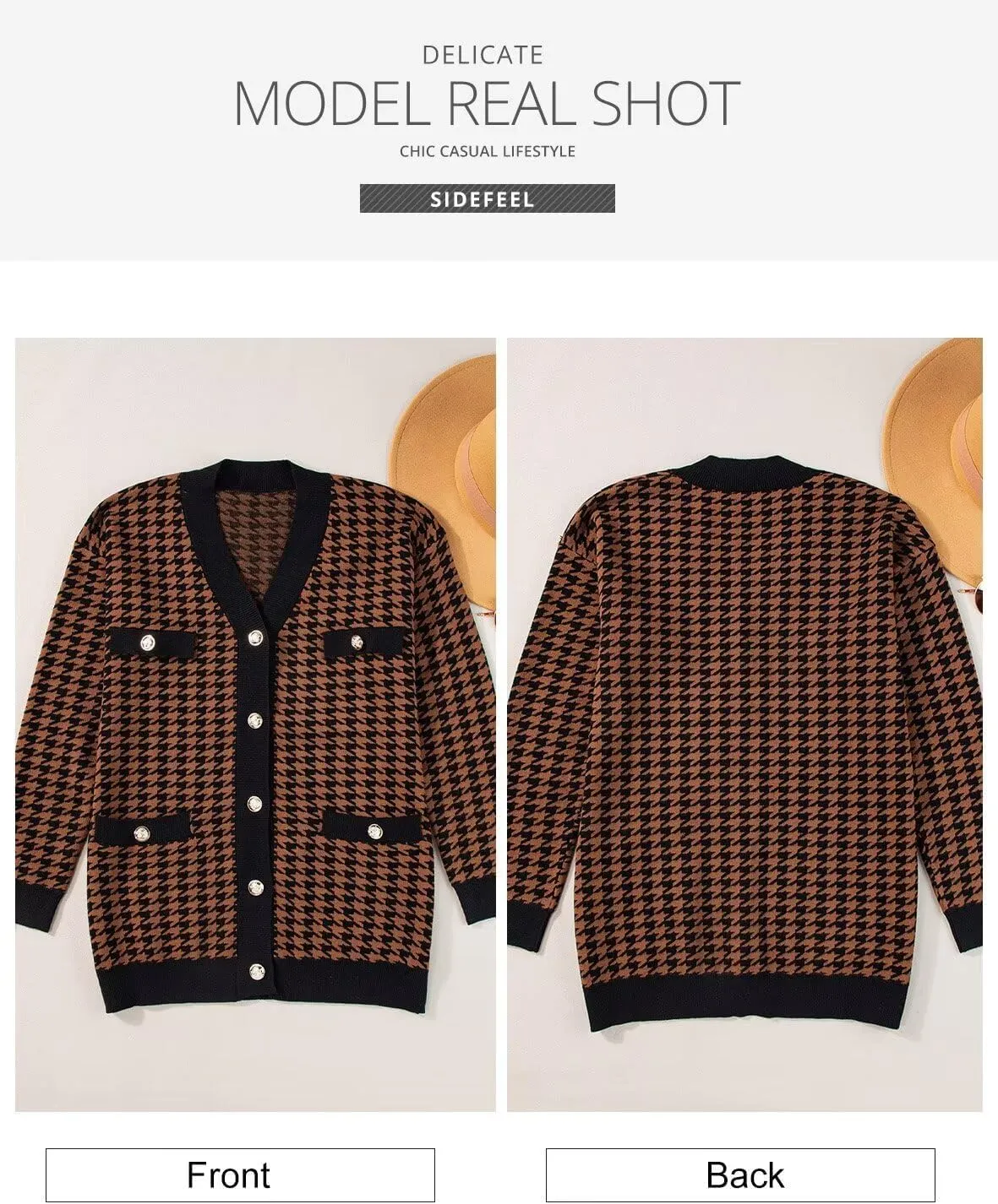 Sidefeel Women's Cardigan Sweaters Open Front Button Down Plaid Chunky Knit Jackets with Pockets