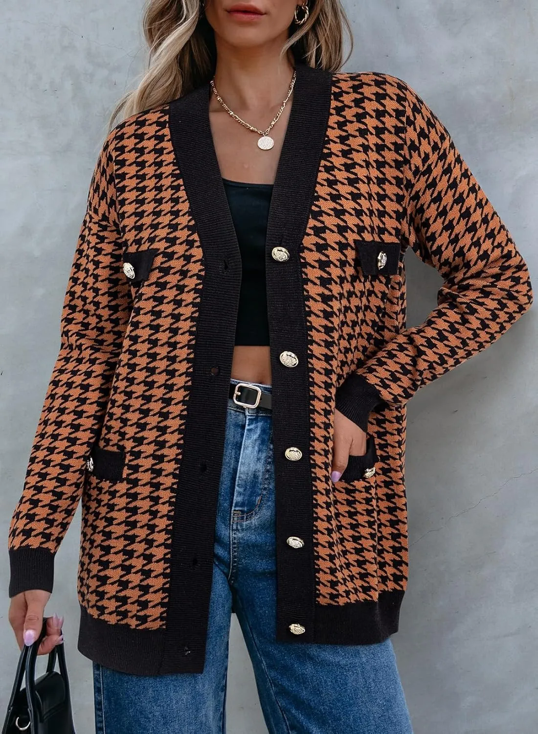 Sidefeel Women's Cardigan Sweaters Open Front Button Down Plaid Chunky Knit Jackets with Pockets