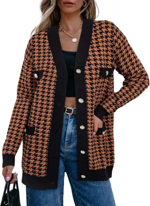 Sidefeel Women's Cardigan Sweaters Open Front Button Down Plaid Chunky Knit Jackets with Pockets
