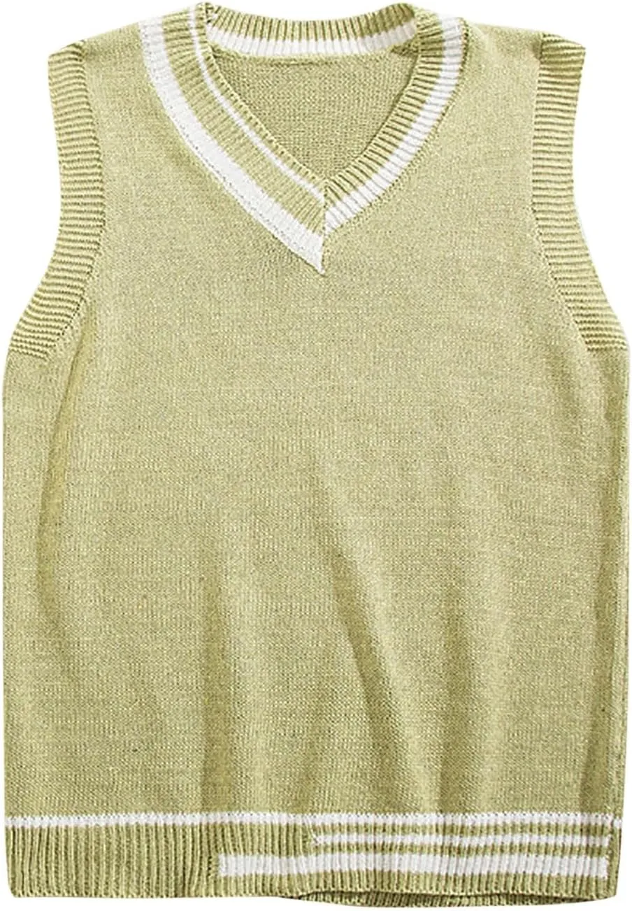 Sleeveless Sweater Vest for Men Color Block Knitted Trendy Pullover Sweater V Neck Comfort Soft Casual Jumper Tops