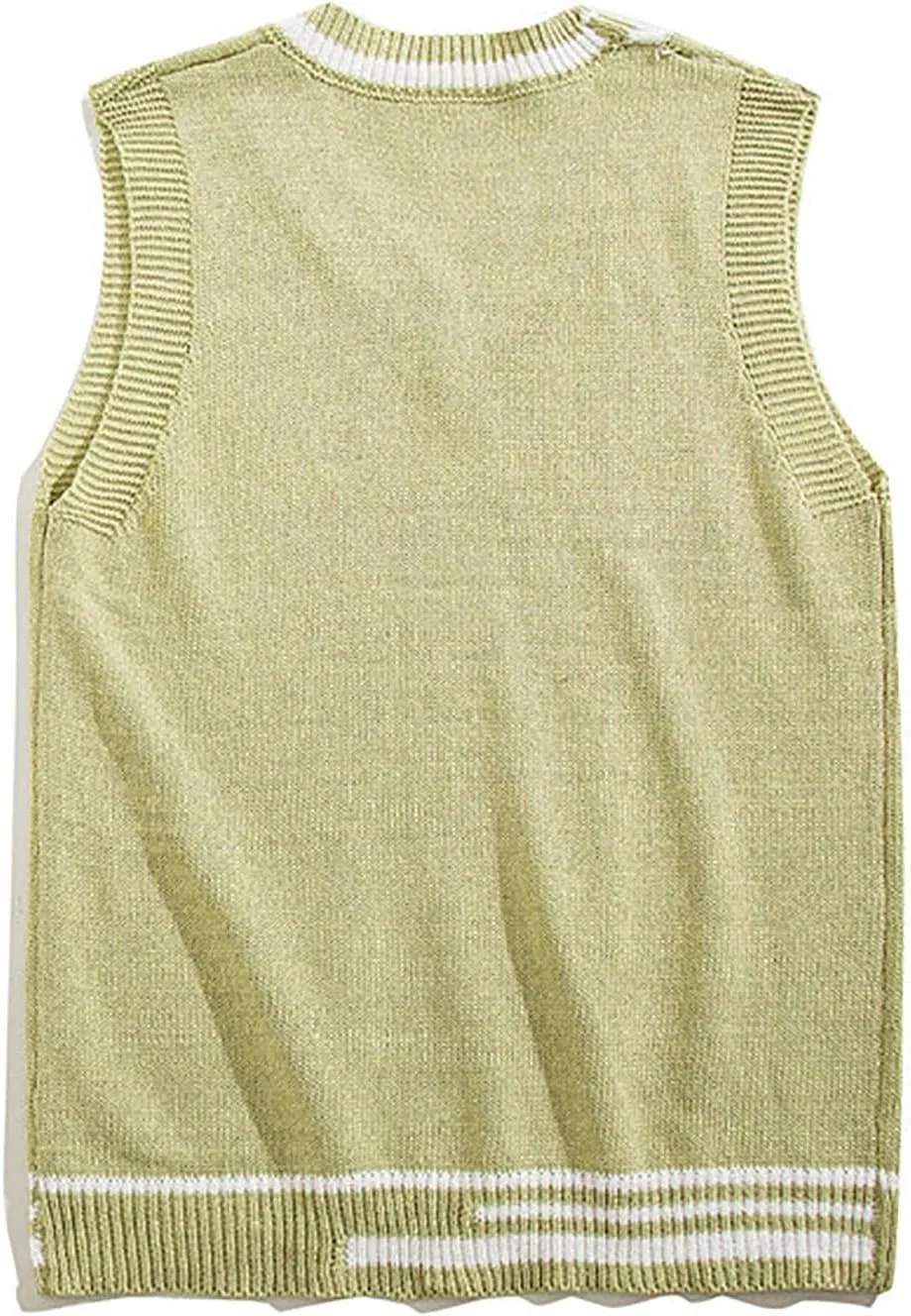 Sleeveless Sweater Vest for Men Color Block Knitted Trendy Pullover Sweater V Neck Comfort Soft Casual Jumper Tops