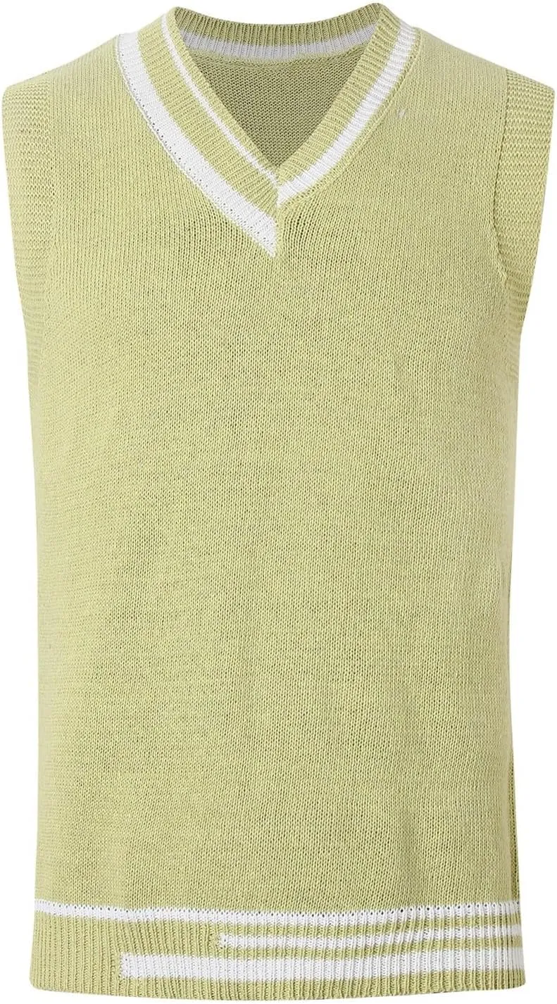 Sleeveless Sweater Vest for Men Color Block Knitted Trendy Pullover Sweater V Neck Comfort Soft Casual Jumper Tops