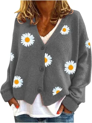 Stessotudo Womens Winter Sweaters Daisy Print Long Sleeve Cardigans Button Down Loose Fit Knitted Casual Cute Trendy Coats