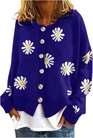 Stessotudo Womens Winter Sweaters Daisy Print Long Sleeve Cardigans Button Down Loose Fit Knitted Casual Cute Trendy Coats