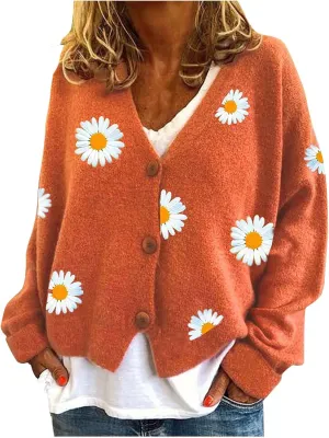 Stessotudo Womens Winter Sweaters Daisy Print Long Sleeve Cardigans Button Down Loose Fit Knitted Casual Cute Trendy Coats