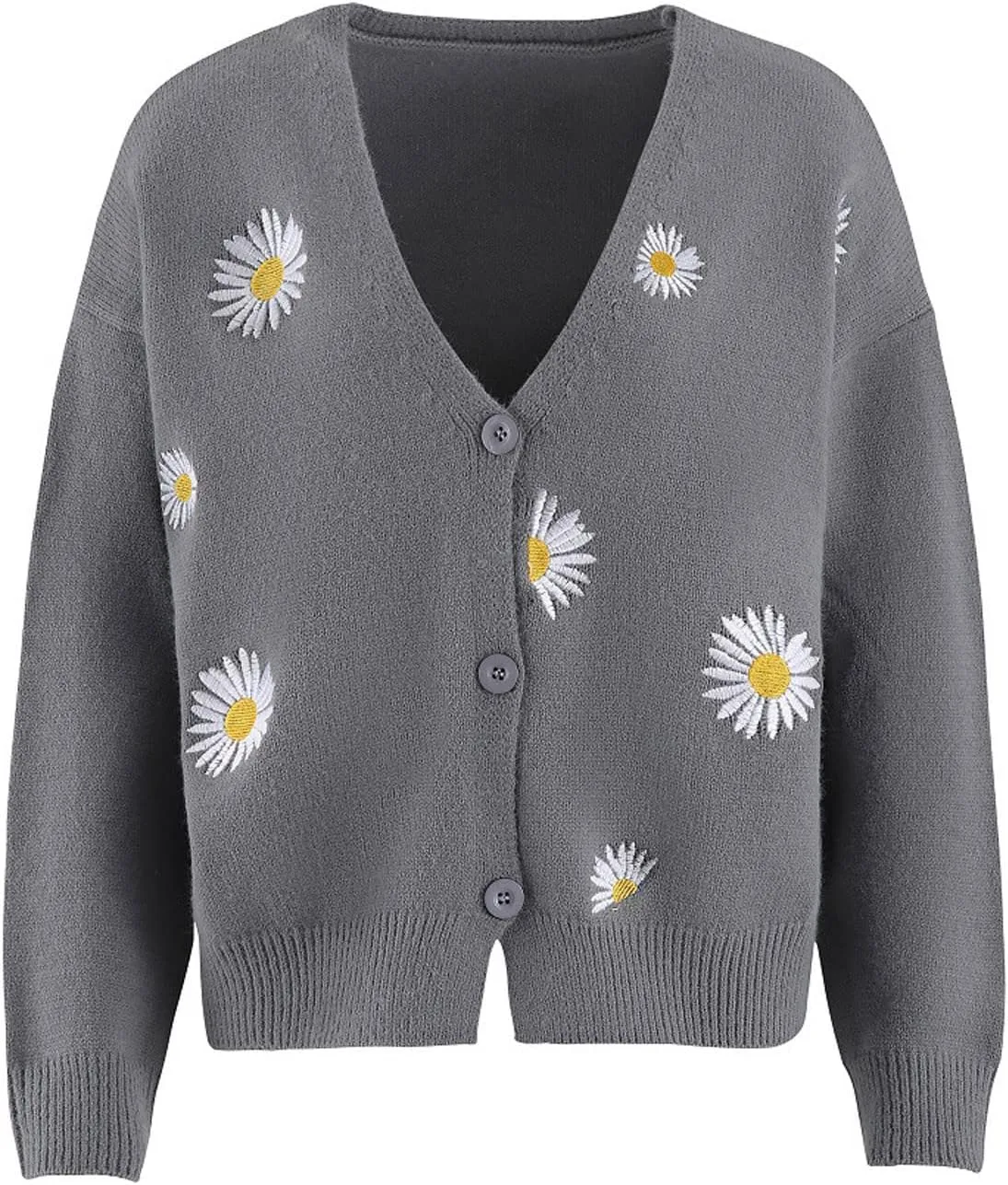 Stessotudo Womens Winter Sweaters Daisy Print Long Sleeve Cardigans Button Down Loose Fit Knitted Casual Cute Trendy Coats