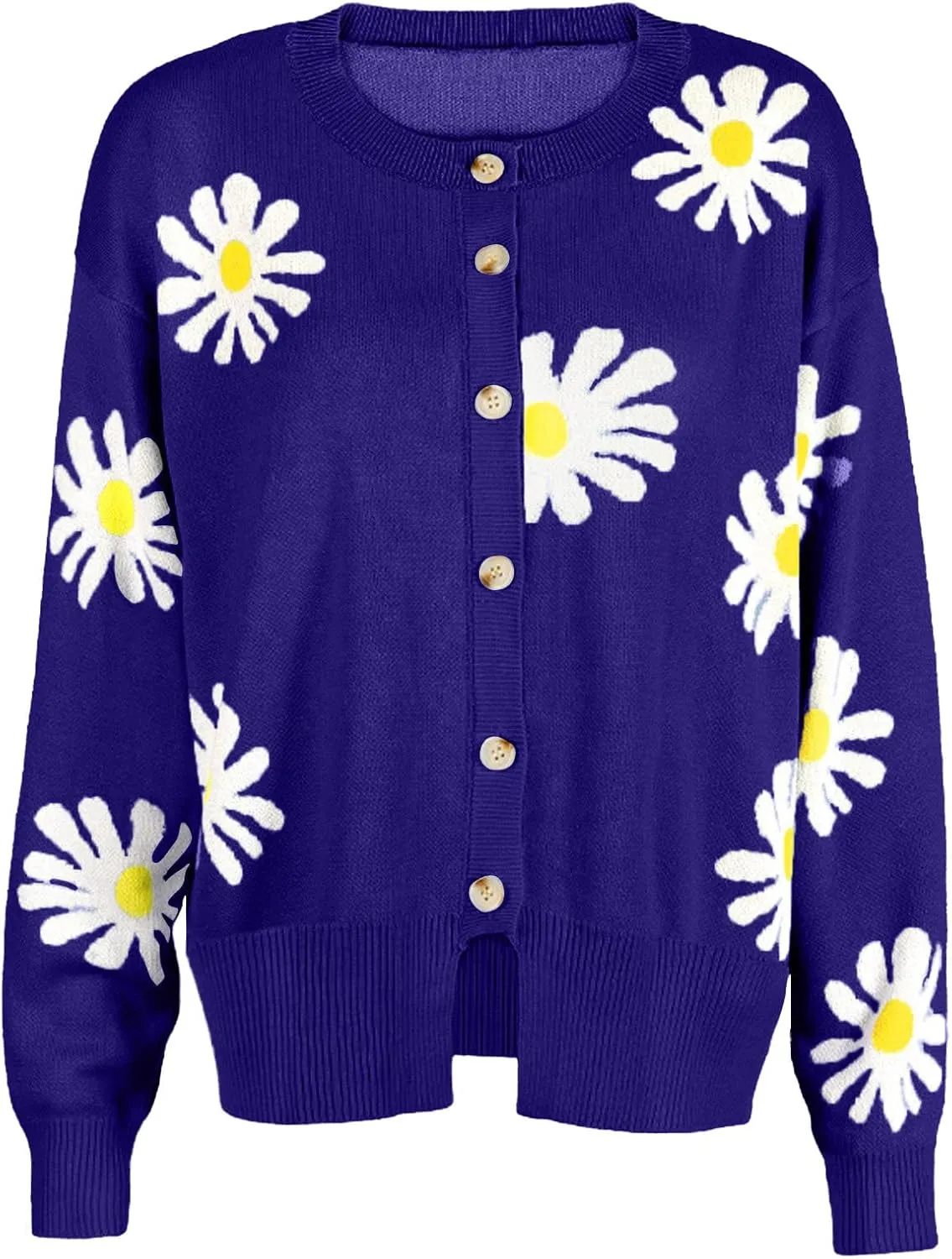 Stessotudo Womens Winter Sweaters Daisy Print Long Sleeve Cardigans Button Down Loose Fit Knitted Casual Cute Trendy Coats