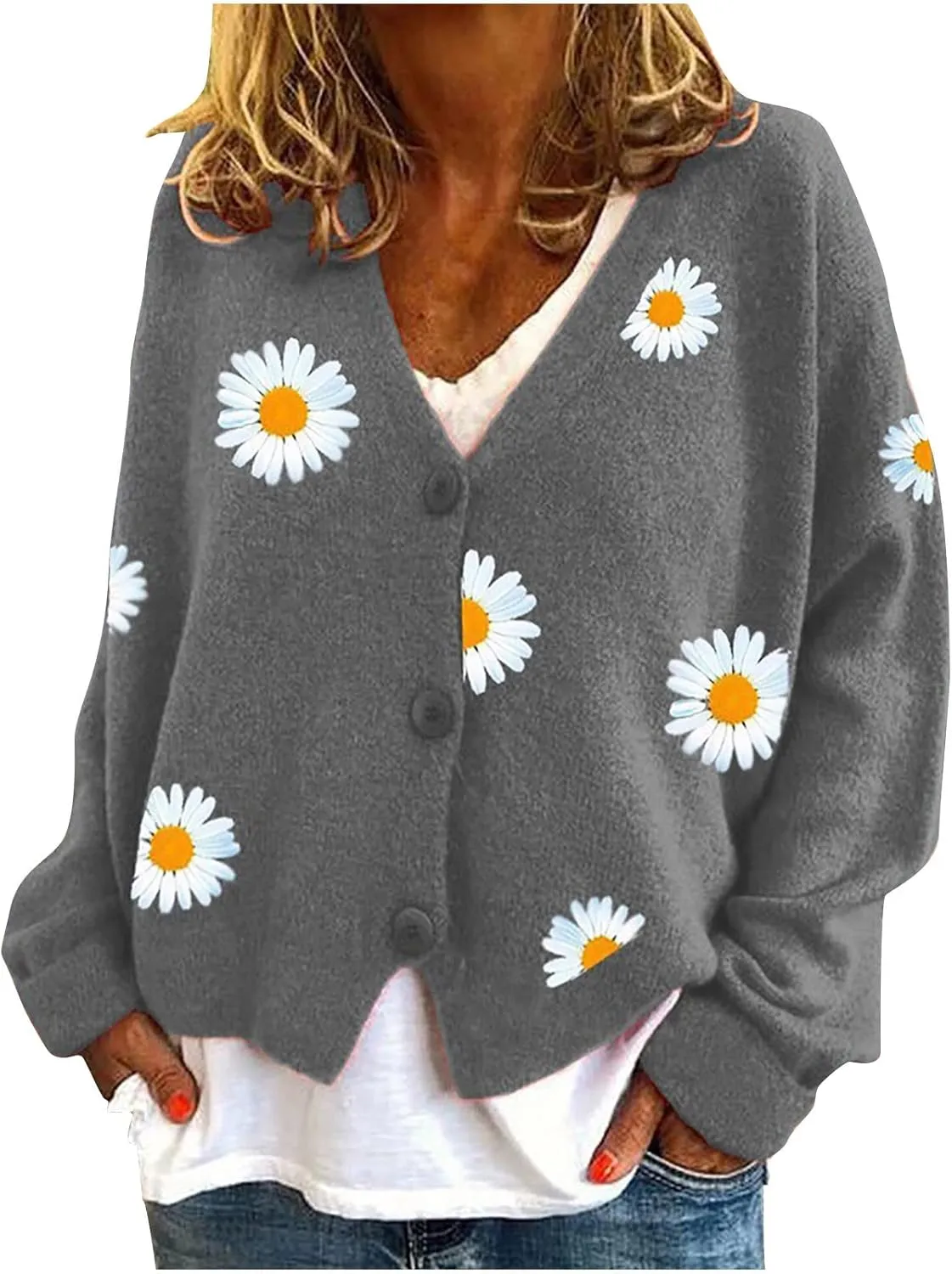 Stessotudo Womens Winter Sweaters Daisy Print Long Sleeve Cardigans Button Down Loose Fit Knitted Casual Cute Trendy Coats