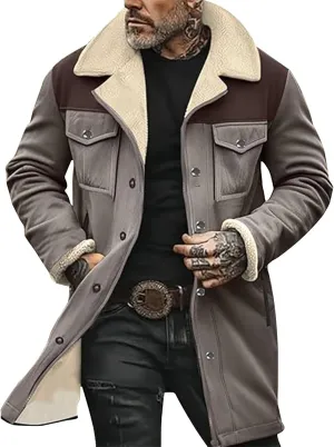 Suede Leather Jacket Men Winter Fur Shearling Duster Coat Retro Faux Leather Fleece Motorcycle Trucker Western Jacket