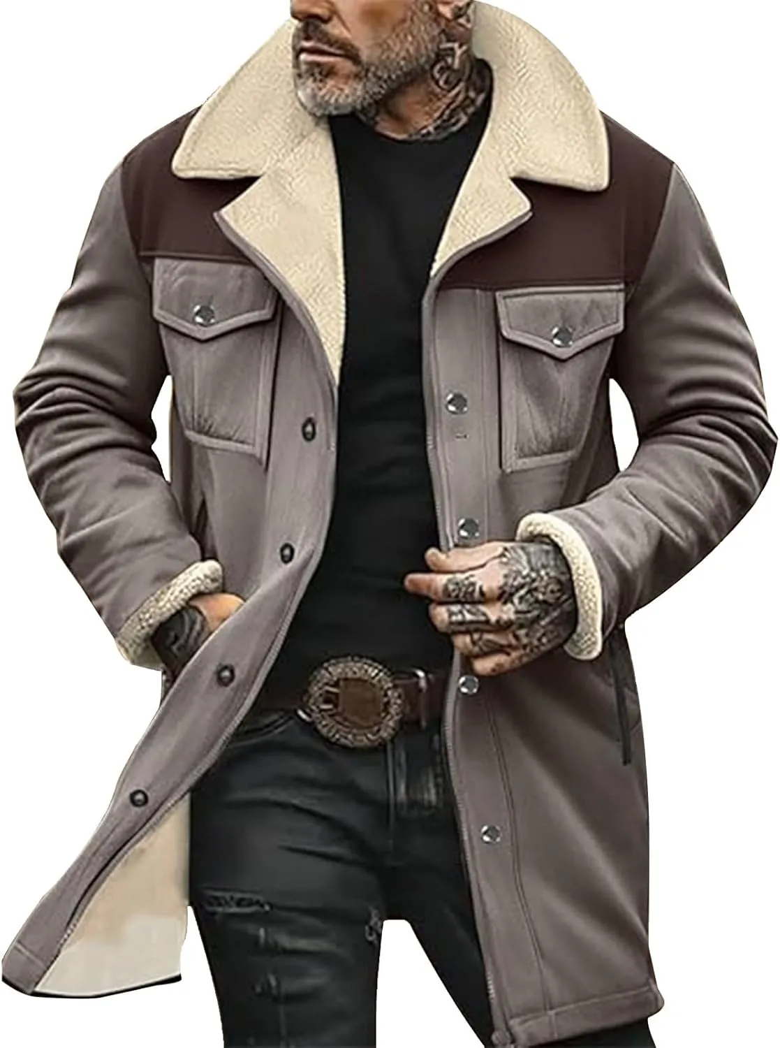 Suede Leather Jacket Men Winter Fur Shearling Duster Coat Retro Faux Leather Fleece Motorcycle Trucker Western Jacket