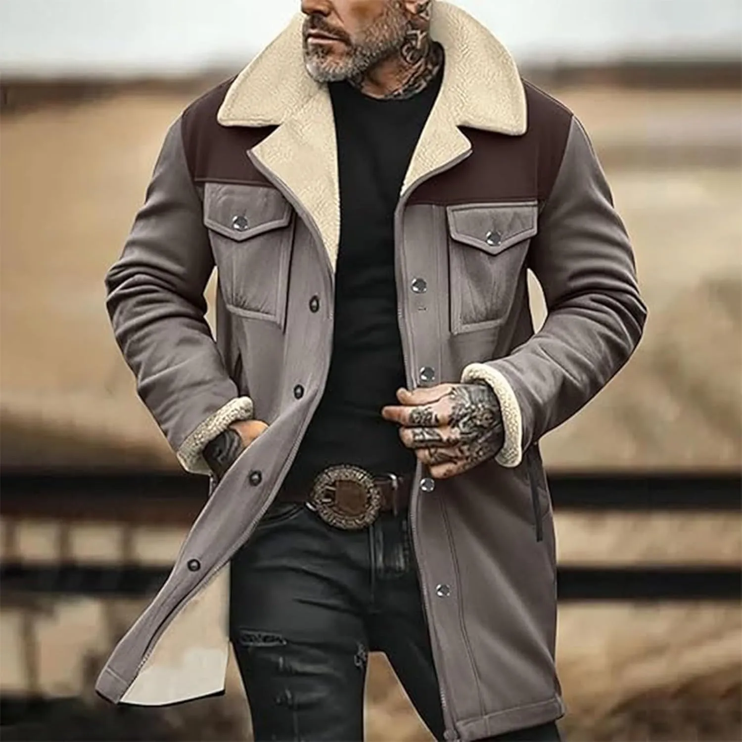 Suede Leather Jacket Men Winter Fur Shearling Duster Coat Retro Faux Leather Fleece Motorcycle Trucker Western Jacket